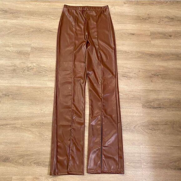 PRETTYLITTLETHING CHOCOLATE FAUX LEATHER SEAM DETAIL SPLIT HEM TROUSERS 8 NWT - Picture 15 of 16